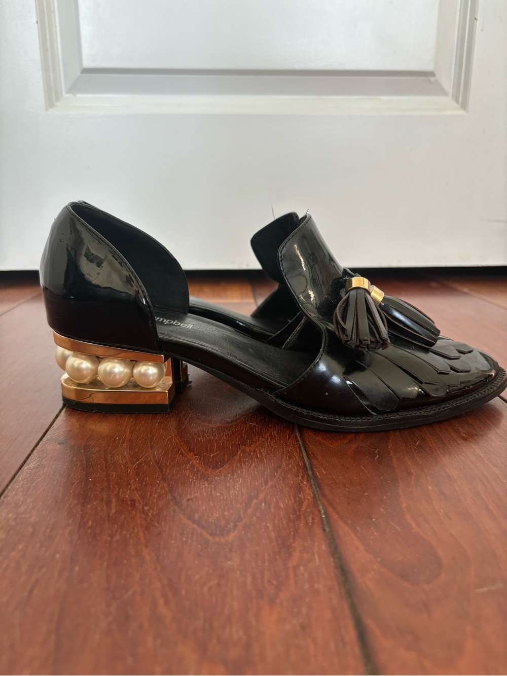 Jeffrey Campbell Civil Pearl Block Heels Black Patent Leather Tassel Loafer 9